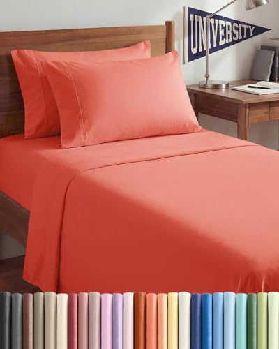 Image of Twin XL 4 Piece Sheet Set - College Dorm Room Essentials - Coral | Ultra Soft Dorm Bedding Set, 8 inch to 16 inch Inch Deep Pockets, 1 Flat & 1 Fitted Sheet & 2 Pillowcases, Wrinkle & Fade Free