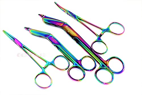 4 Lister Bandage Scissors 7.25 Inch Plus 5.5 Inch Plus Hemostat Straight Plus Curved Multi Rainbow Titanium Cynamed