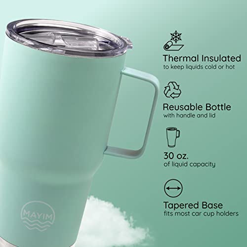 Mayim Large Travel Coffee Mug Tumbler With Clear Slide Lid And Handle, Reusable Vacuum Insulated Double-Wall Stainless-Steel Thermos, Fits In Cup Holder, 30Oz, Mint #TOP5