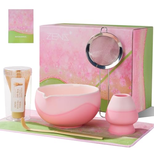 ZENS Matcha Set Rosa, Matcha Tee Set mit Matcha Besen, Keramik Matcha Schale & Besenhalte und Matcha-Pulversieb & Teetuch, 6 Stück für Matcha Ceremonial, Geschenk für Matcha-Liebhaber