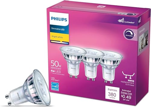Philips LED MR16,Dimmable, Flicker-Free, Eye Comfort Technology, 380 Lumen, Bright White (5000), 4W=50W, T20 Certified, 3PK
