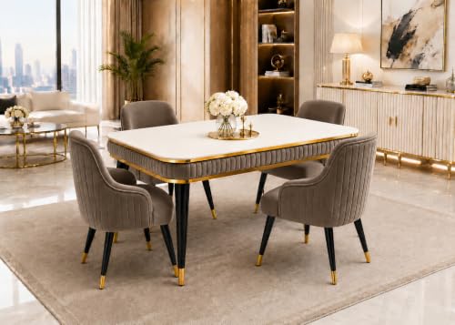 Image of WOODEN SPACE 4 Seater Wooden Dining Table Set | Urban Marble Top Dining Table with Chairs for Dining Room & Kitchen (Modern Zyro Brown) (54 x 36 x 30 inch)