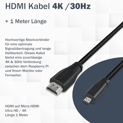 Raspberry Pi 5 8GB Starter-Kit schwarz | USB-C 45W Netzteil | Gehäuse mit Lüfter | Ultra 64 GB SD Karte | 4K Micro HDMI Kabel | Kühlkörper | Raspberry Pi 5 8GB RAM