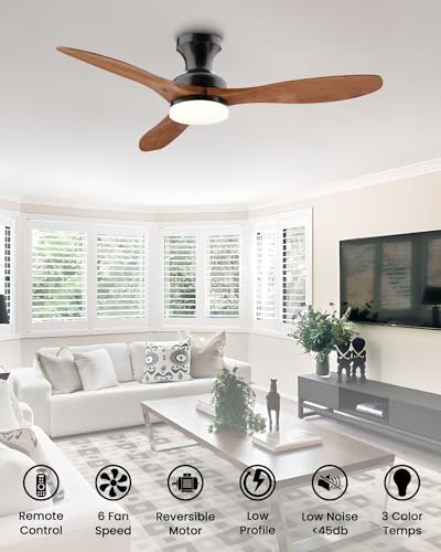 Leah-52-Solid-Wood-Ceiling-Fan-with-Light-Remote-Control-Flush-Mount-3-Blades-6-speed-Ceiling-Fan-Fixture-Low-Profile-for-Kitchen-Bedroom-Living-Room-Indoor-Walnut-Wood-Color-Black