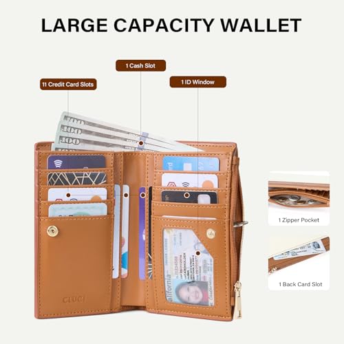 Image of CLUCI RFID Wallet Women PU Leather Small Women Wallet Blocking Bifold Ladies Wallet Credit Card Holder Beige with Brown