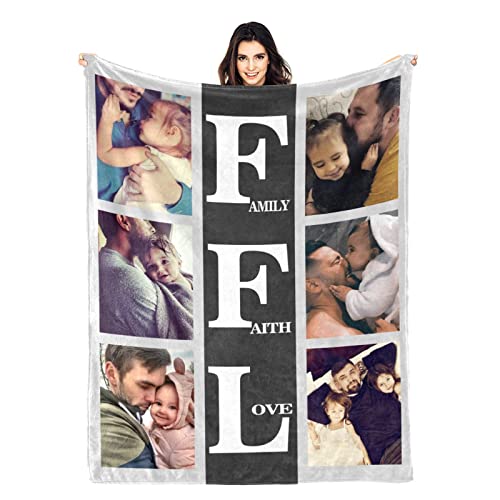 HYHSJY Personalized Blanket with Photo Custom Photo Blankets - Family, Faith, Love - Customized Picture Blanket Gifts for Family and Friends on Christmas Wedding 6 Photos Collage