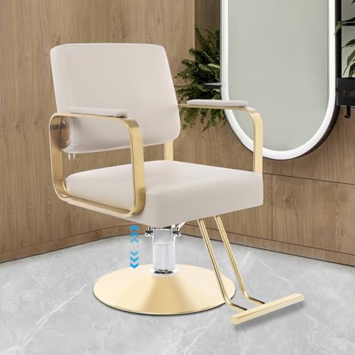 Image of Salon Chair,Salon Chair for Hair Stylist with Height Adjustment,360 Rotatable Barber Chair for Barber Store,Beauty Salons,Spas (Beige + Gold)
