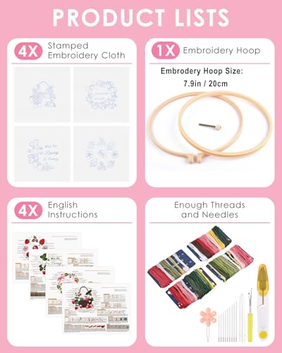 Image of TINDTOP Embroidery Kit for Adult, 4 Pack Cross Stitch Practice Kits | for Beginners Include Embroidery Cloth Hoops Threads for Craft Lover Hand Stitch with Embroidery Skill Techniques