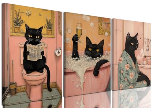 Funny Japanese Black Cat Bathroom Wall Art, Cute Japan Cat