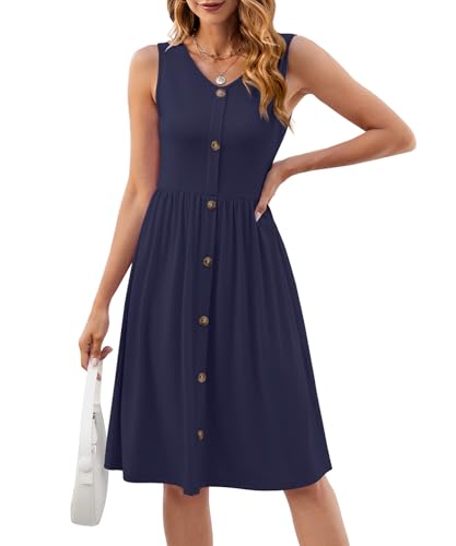 Image of KUOTAI Womens Summer Dresses Sleeveless Casual Loose Swing Button Down Midi Dress V-Neck Flowy A-Line Sundress