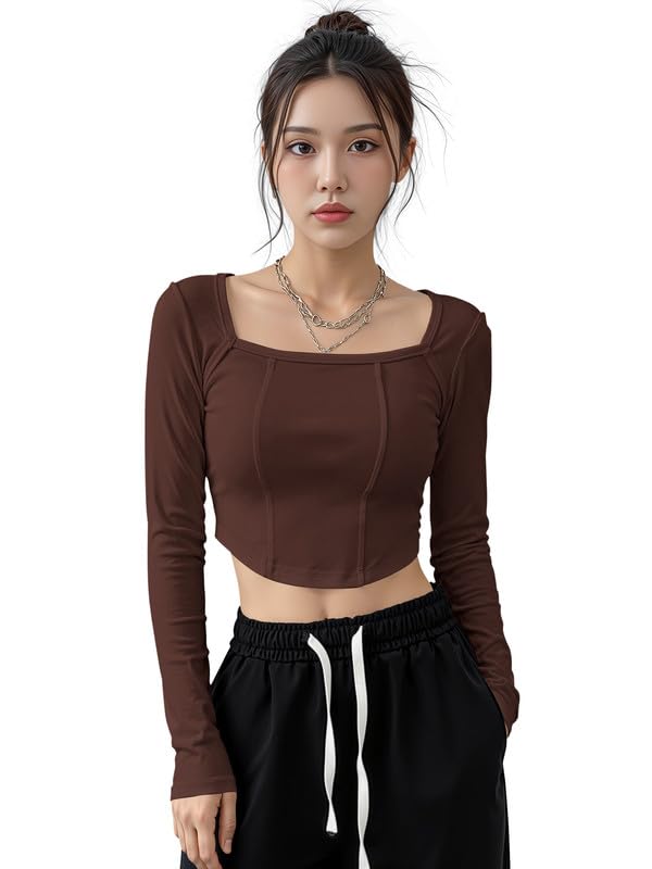 Dream Beauty Fashion Women’s Long Sleeve Slim Fit Crop Top/T-Shirt Square Neck Casual (Top-Avatar-1)