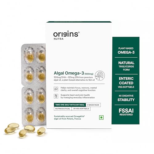 Image of Origins Nutra Vegetarian Omega-3 with OmegaVie (Polaris, France) | 300 mg DHA + 120 mg EPA| Supports Brain, Heart & Eye Health | No Fishy Burps | 28 Veg Enteric-Coated Softgels | GMP Certified | 300 mg DHA + 120 mg EPA | For Brain, Heart, Eye & Joint Health | No Fishy Burps | 28 Veg. Enteric-Coated Softgels | Pack of 1
