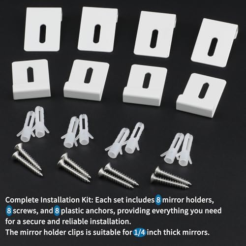 Image of 8 Pcs Metal Mirror Holders, Mirror Clips with Screws, Heavy Duty Stainless Steel Mirror Hangers Hardware for Frameless Mounting Wall Tile Billboard Display (White,1 /4 Inch)
