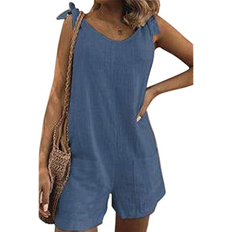 LAIKETE Women's Casual Linen Cotton Jumpsuit Vintage Spaghetti-Strap Rompers Short Pants Summer Beach Playsuit Overall Dungarees Blue Cover