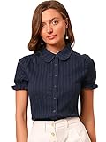 Allegra K Women's Cotton Frilled Top Turndown Collar Solid Blouse Shirt Large Blue