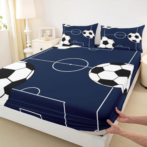Image of Castle Fairy Dark Blue Ball Gaming Bed Sheet King Set,Kids Soccer Sports Theme Sheet Sets Adults Room Decoration,Football Bedding Set with Flat,Fitted Sheet,2 Pillow Cases