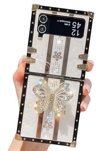 TRODINO Cute Samsung Galaxy Z Flip 3 / Z Flip 4 Case, Luxury Bling Butterfly Design with Foldable Stand Kickstand for Women & Girls, Flexible Shockproof Protective Case for Z Flip 3/4 6.7” (White)