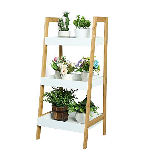 HOMEFORT 3-Tier Ladder Shelf, Bamboo Storage Rack, Freestanding Bookshelf with MDF Shelving, Flower Shelf Plant Display Rack for Kitchen Living Room Home Office.