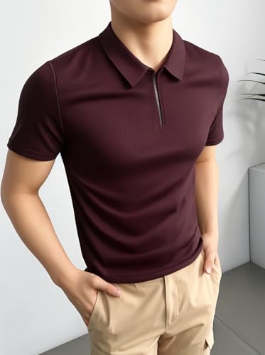 Image of Mack Jonney Ribbed |Regular Fit | Half Sleeves 100% Cotton Polo Neck Self Design with Zip T-Shirt for Men-M826
