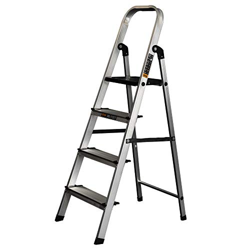 Image of Broad Step Broad Platform Foldable Aluminium Ladder for Home Use (Silver-Black) by Paras Corporation (4 Step)