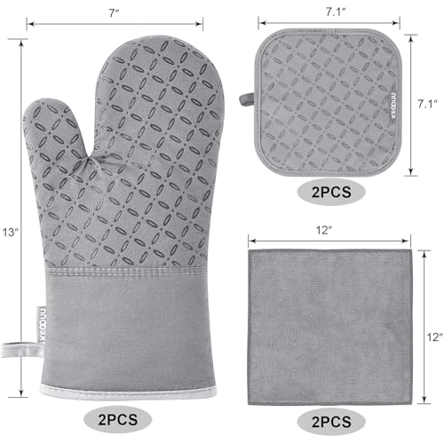 Image of KEGOUU Oven Mitts and Pot Holders 6pcs Set, Kitchen Oven Glove High Heat Resistant 500 Degree Extra Long Oven Mitts and Potholder with Non-Slip Silicone Surface for Cooking (Light Gary)