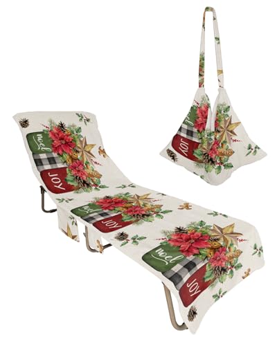 Christmas Beach Lounge Chair Towel Cover, Soft Chaise Lounge Towel with Side Pockets Patio Pool Chairs Cover for Beach/Pool Sunbathing 29x85 Xmas Poinsettia Berry Pine Cones Rustic Red Green