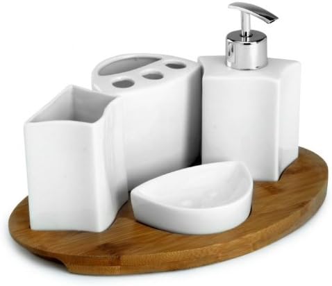 Mom Italy Ceramic Square Bath Set with Bamboo Tray, White/Bamboo