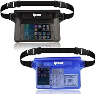 ipow Waterproof Pouch Bag Case with Adjustable Waist Strap [2 Pack] Transparent Screen Touchable for Beach, Swimming, Boating, Fishing, Hiking - Keep Your Phone and Valuables Safe and Dry