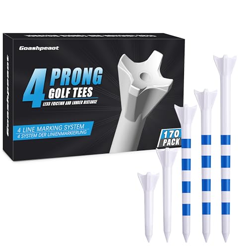 Goashpeaot 170 Pack Pro Performance Golf Tees – 4-Prong Head Reduces Side Spin | 5 Sizes Mixd Pack Golf Tees Plastic (4' / 3¼' / 2¾' / 2⅛' / 1½') for Max Distance & Control (White)