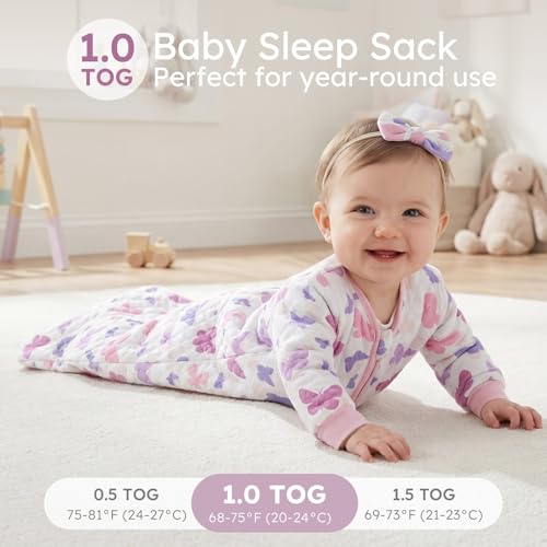 Image of Yoofoss Baby Sleep Sack 6-12 Months 1.0 Tog Long Sleeve Sleep Sack Organic Cotton Wearable Blanket for Infants 2-Way Zipper Quilted Sleeping Sacks(Medium)