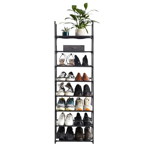 TECHMILLY 8 Tiers Narrow Shoe Rack, Non-Woven Fabric Free Standing Shoe Storage, Space Saving Shoe Shelf for 16 Pairs of Shoes and Boots, Sturdy Tall Shoe Organizer for Entryway, Closets, Black