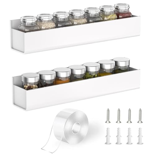 PMMASTO Adhesive Acrylic Spice Rack Organizer for Wall with Nano Double Sided Tape, Spice Shelf Organization for Kitchen Cabinet Door/Pantry Door, Wall Mount Seasoning Rack (White-2 Pack)