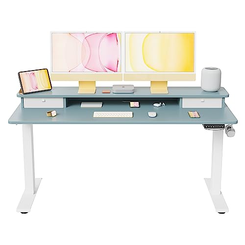 Image of FEZIBO 60 x 24 Inch Height Adjustable Electric Standing Desk with Double Drawer, Stand Up Desk with Storage Shelf, Sit Stand Desk, Blue