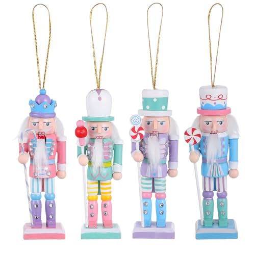 Gatuida Small Christmas Nutcracker Ornaments: 4pcs Mini Nutcracker Soldier Ornament Christmas Tree Hanging Decoration Wooden Candy Pastel Nutcracker Puppet Pendant for Xmas Tree Decor