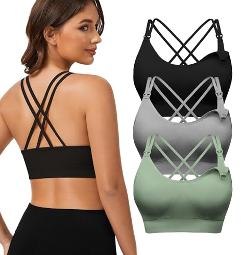 Image of Angelhood Nursing Bras for Breastfeeding, Criss-Cross Back Nursing Sports Bra, Low Impac Support Yoga Maternity Bras