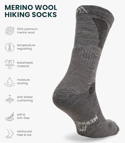 Image of Merino.tech Merino Wool Socks for Women And Men - Merino Wool Hiking Socks Crew Style (Light Grey Pack of 3, 3-5)