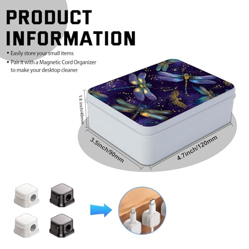 Image of Metal Tin Box with Lid,Multi-functional Storage Box Can Store Tea Biscuits Game Cards, Playing & Tarot Cards-Comes with 4 Magnetic Cord Clips,Dragonflies on Purple