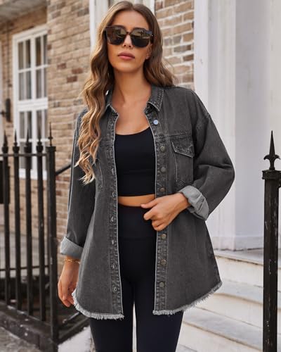 Vetinee Women's Oversized Button Down Shirts for Women Oversized Boyfriend Front Button Up Frayed Raw Hem Long Sleeve Pockets Denim Jean Jacket Shacket Smoky Gray Medium Size 8 Size 10 - Thumbnail 3