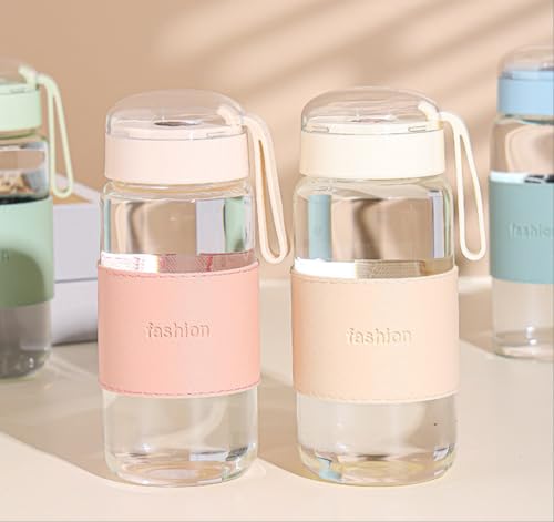 Image of Borosilicate Glass Water Bottle With Lid And Sleeve 340 ML, Set Of 2 Leakproof Borosilicate Glass Travel Mug for Kids, Women & Girls, Perfact For Everyday Use, Road Trip, Collages, School (Multicolor)