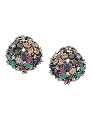 Image of silver plated handcrafted Cubic zirconia & multicolor stone studded Studs Earrings