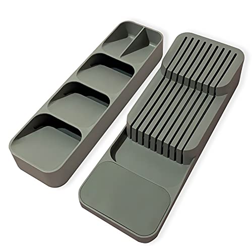 Kitchen Drawer Organizer Tray, Cutlery Organizer in Drawer for Silverware Partition Storage, Knives Block & Silverware Organizer Set (Gary 2PCS)