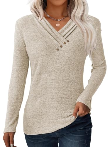 GKBK Women Long Sleeve Tunic Tops for Leggings V Neck Button Down Loose T Shirts 2026 Fall Winter Dressy Business Casual Blouse Pullover Sweatshirt Work Fashion Trendy Sweater Outfit Clothes Khaki M