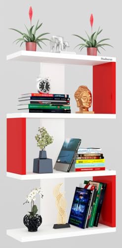 Image of Madhuran S Shape Engineered Wood Wall Mounted Decor Items Display Shelf (Red+White)