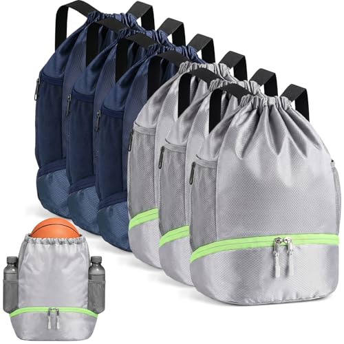 Image of 6 Pcs 6 Pcs Gym Drawstring Backpack Bulk for Men, Grey, Navy Blue | Drawstring Closure, with Shoe Compartment, Wet Proof Pocket, Lightweight, Durable Build, Gym Practice & Game-day Ready