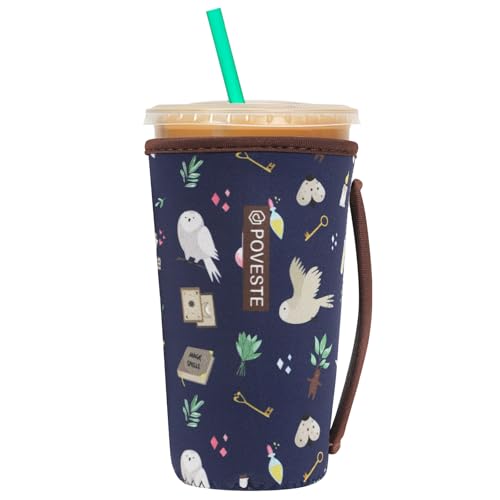 Image of Reusable Neoprene Insulator Sleeve for Iced Coffee & Cold Soda, Coffee Sleeves for Iced & Hot Drinks, Cold Beverage Cooler Compatible with Starbucks, Dunkin (Hogwar Magic, Large: 32oz)