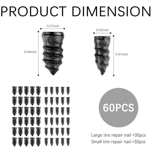carleef 60PCS Tire Repair Rubber Nail,Vacuum Tire Repair Screws for Quick Fixes,Self-Service Tires Repairs Kit Screw in Tires Plugs Car Accessories for Truck,SUV,Motorcycle