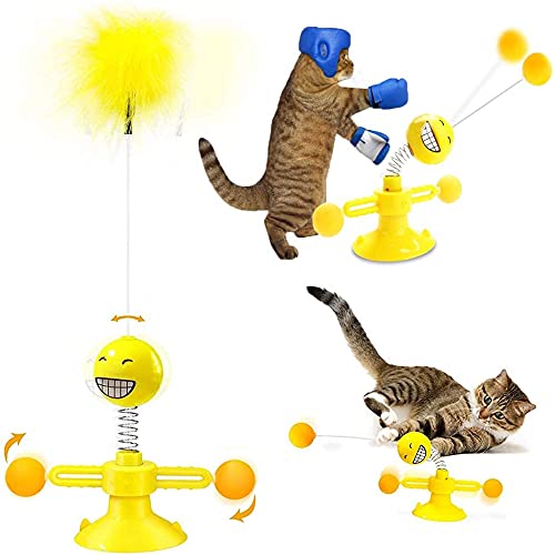 KASTWAVE 4 in 1 Windmill Interactive Cat Toy with Wall Mount Spring Training, Cat Windmill Bouncing Ball, Interesting Feather Indoor, Creative Cat Teaser Feather Toy, Yellow