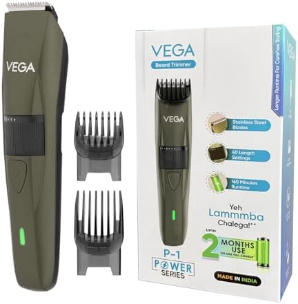 VEGA Power Series Beard Trimmer for Men with Self-Sharpening Stainless Steel Blade, 160 Min Runtime, 40 Length Settings, USB Type-C, Corded & Cordless Use, 2 Comb Attachments, 1 Yrs Warranty (VHTH-25)
