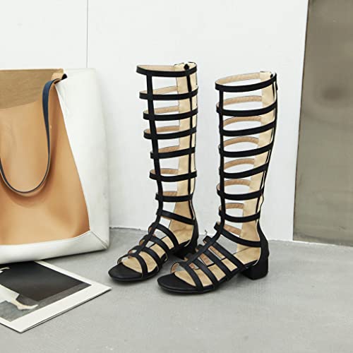 MIOKE Women's Gladiator Knee High Flat Sandals Buckle Strappy Studs Open Toe Zip Summer Wide Caged Boots4