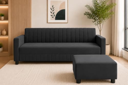 Image of 3 Seater Velvet Sofa with Ottoman | Modern Upholstered Couch | Comfortable Living Room Sofa | Durable & Stylish Seating for Home, Office & Guest Room - Black Color